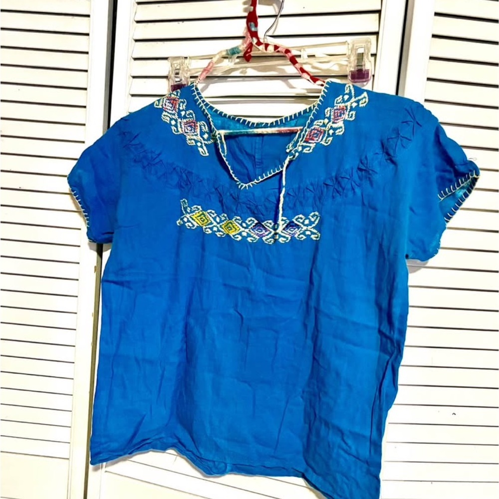 Embroidered Boho Short Sleeve Top - Blue